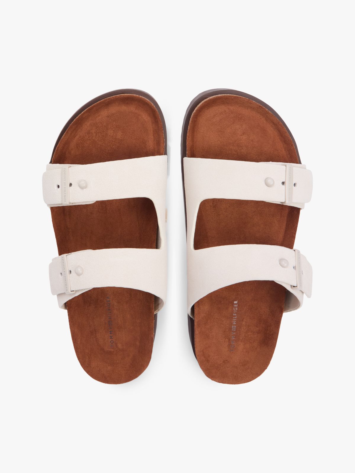 Suede Buckle Cork Footbed Serrated Sandals — Beige