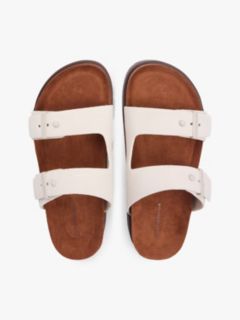 Suede Buckle Cork Footbed Serrated Sandals — Beige 3