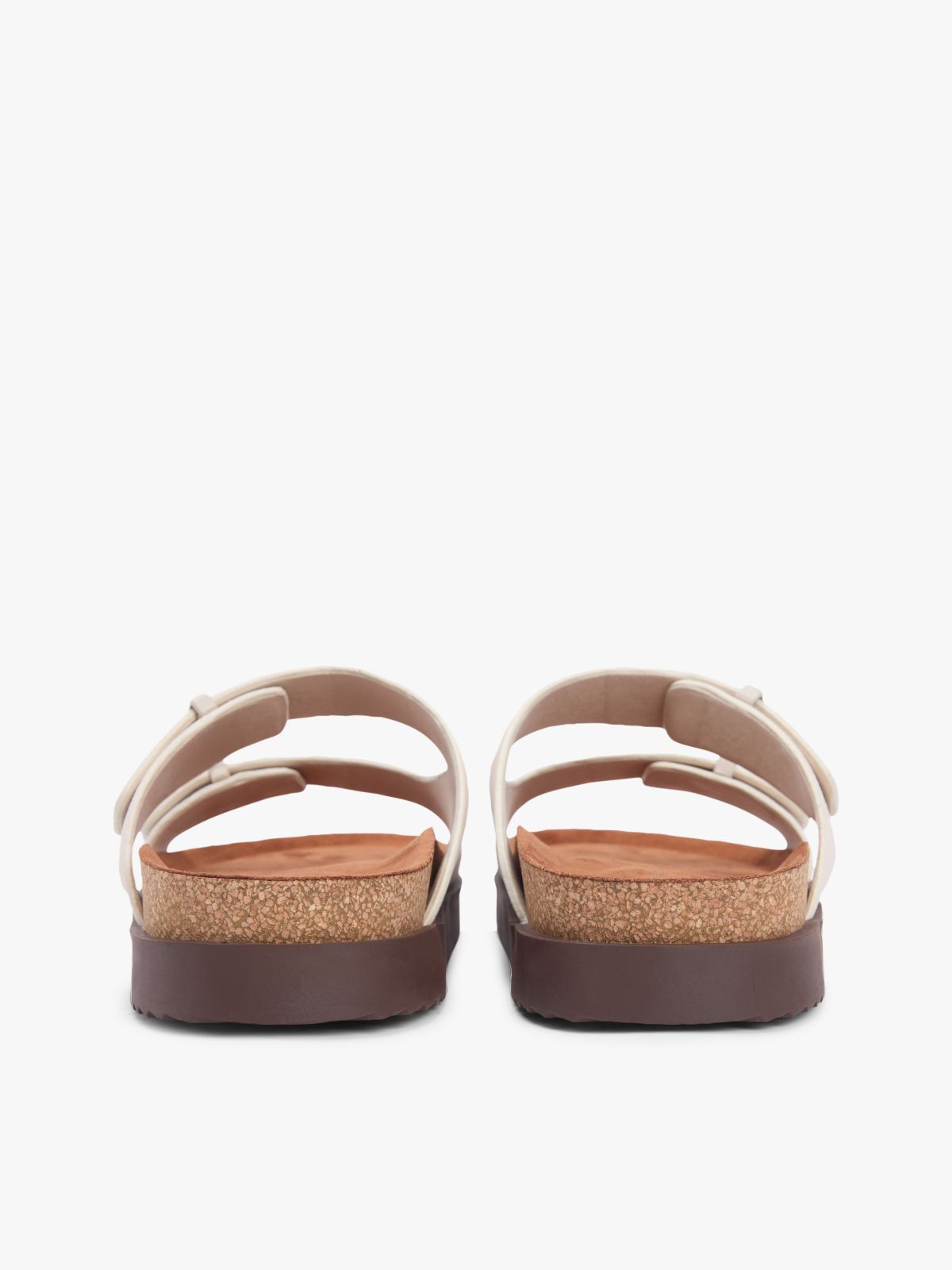 Suede Buckle Cork Footbed Serrated Sandals — Beige