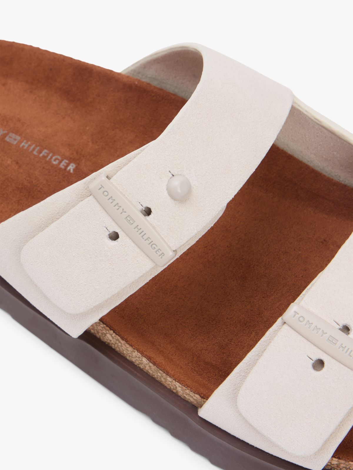 Suede Buckle Cork Footbed Serrated Sandals — Beige