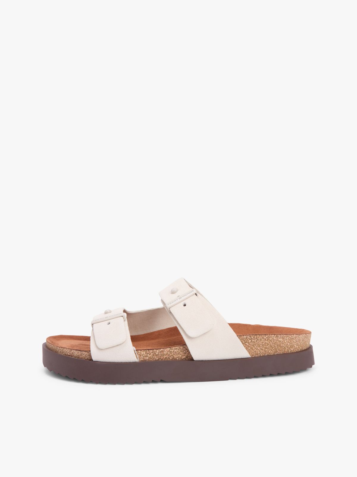 Suede Buckle Cork Footbed Serrated Sandals — Beige