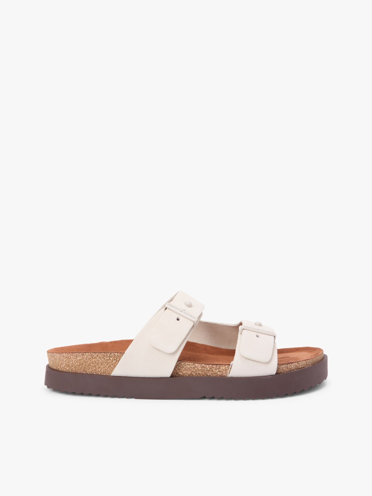 Suede Buckle Cork Footbed Serrated Sandals — Beige