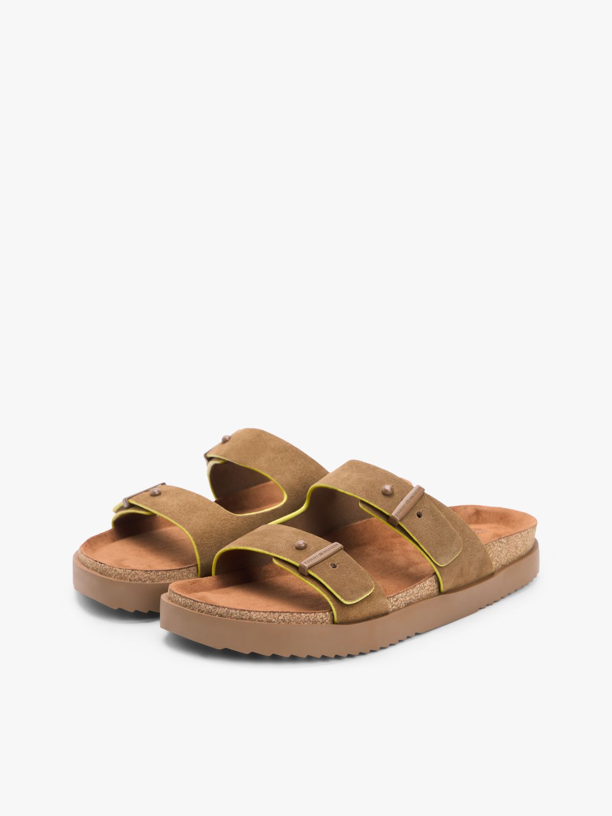 Suede Buckle Cork Footbed Serrated Sandals — Brown