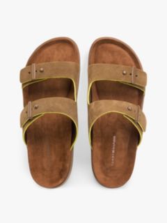 Suede Buckle Cork Footbed Serrated Sandals — Brown 3
