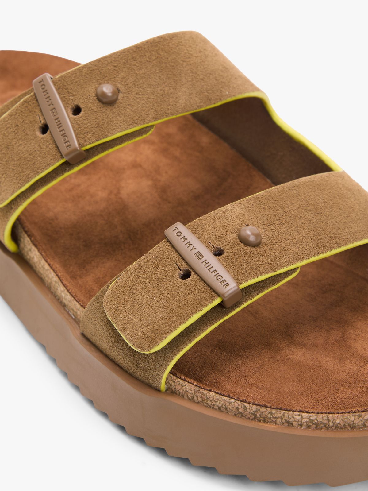 Suede Buckle Cork Footbed Serrated Sandals — Brown