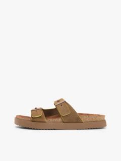 Suede Buckle Cork Footbed Serrated Sandals — Brown 7