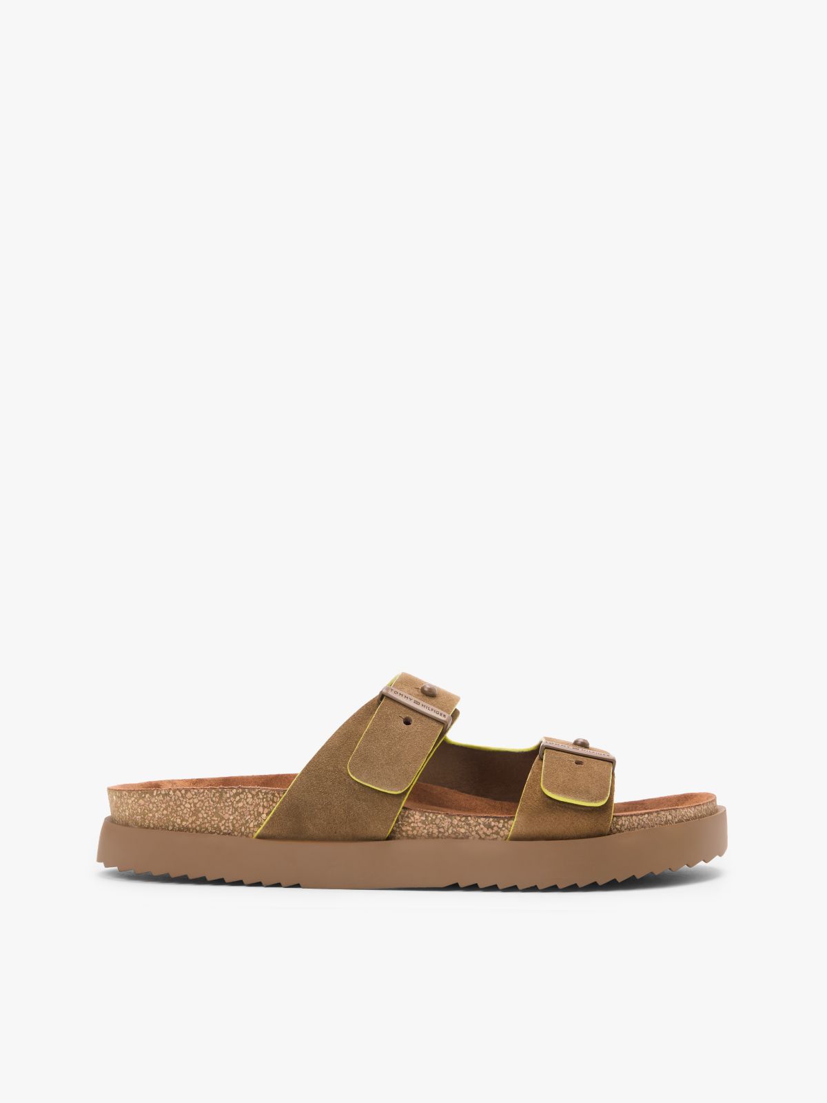 Suede Buckle Cork Footbed Serrated Sandals — Brown