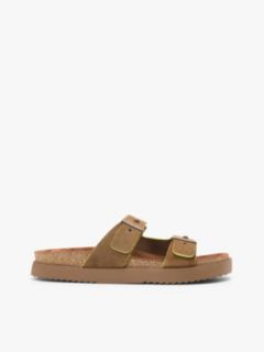 Suede Buckle Cork Footbed Serrated Sandals — Brown 1