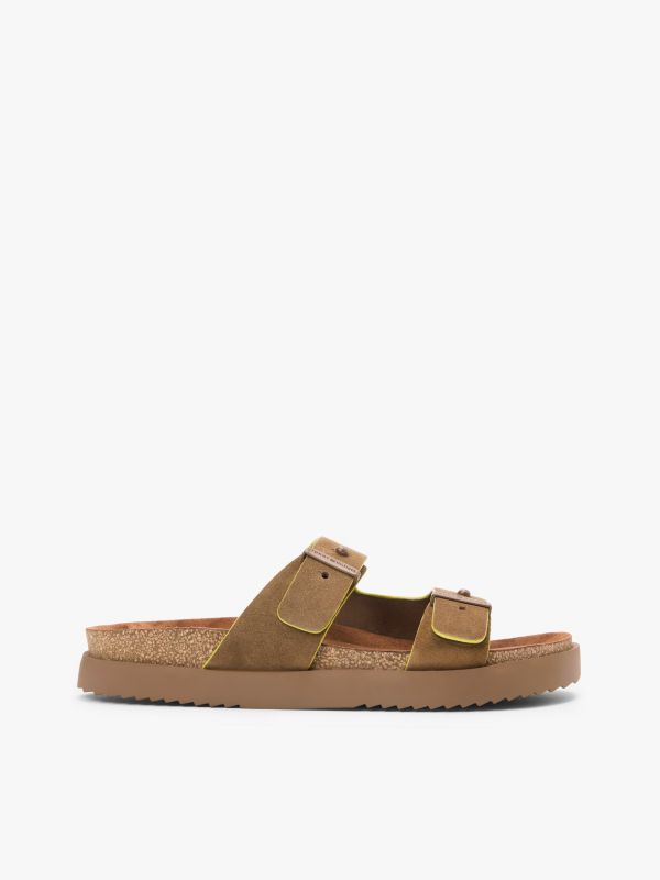 Suede Buckle Cork Footbed Serrated Sandals — Brown