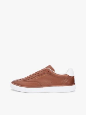brown luxe metallic logo leather trainers for men tommy hilfiger
