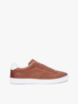brown luxe metallic logo leather trainers for men tommy hilfiger