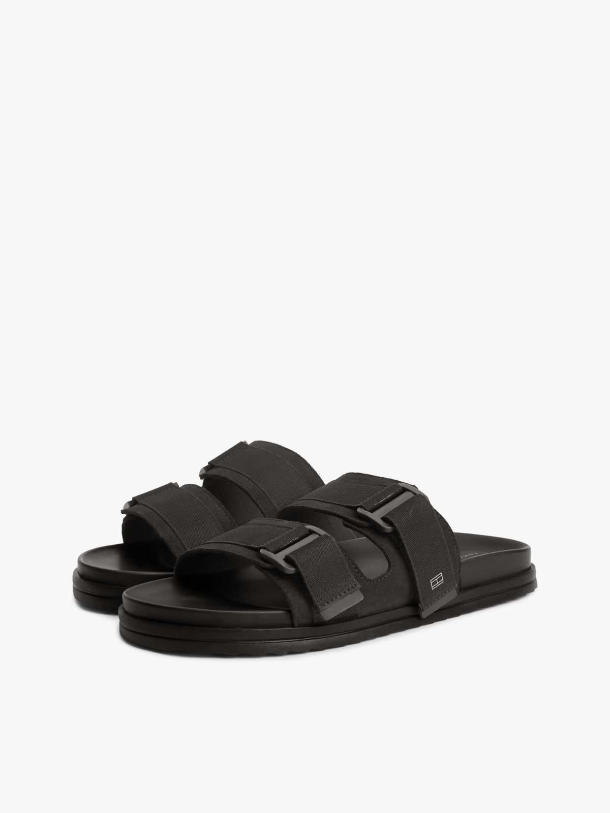 Webbing Strap Buckle Suede Sandals — Black