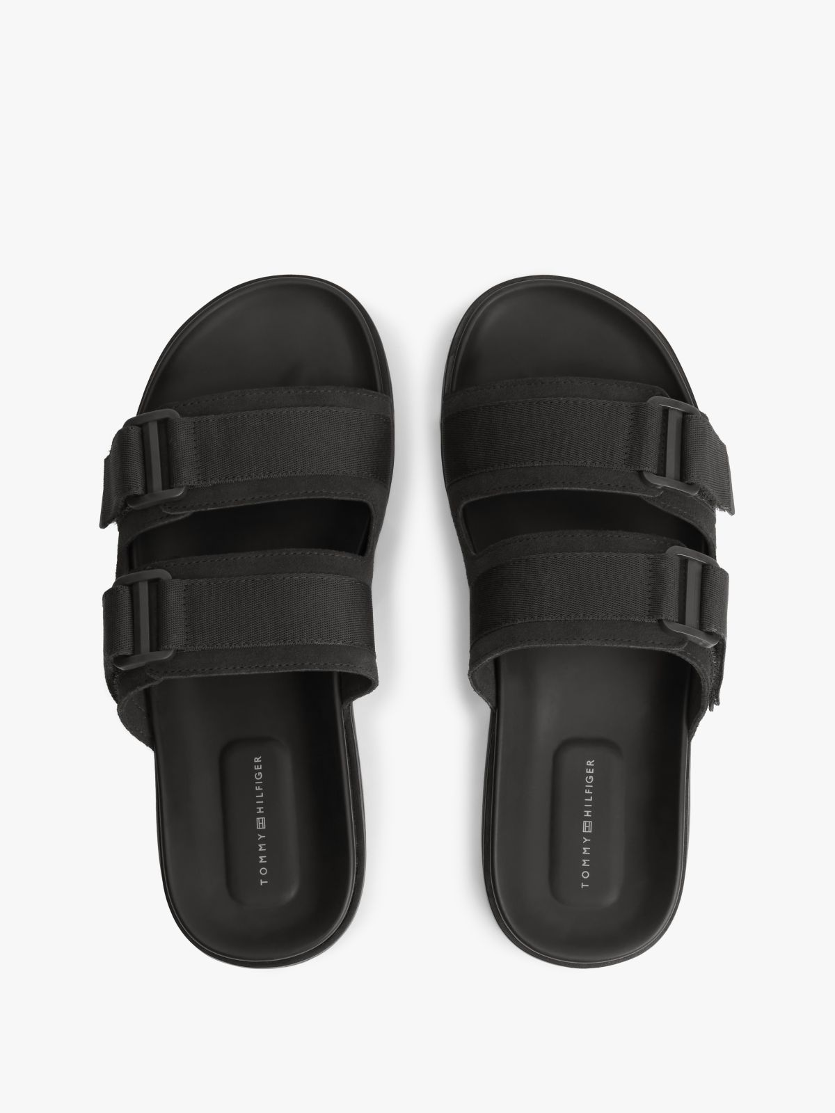 Webbing Strap Buckle Suede Sandals — Black