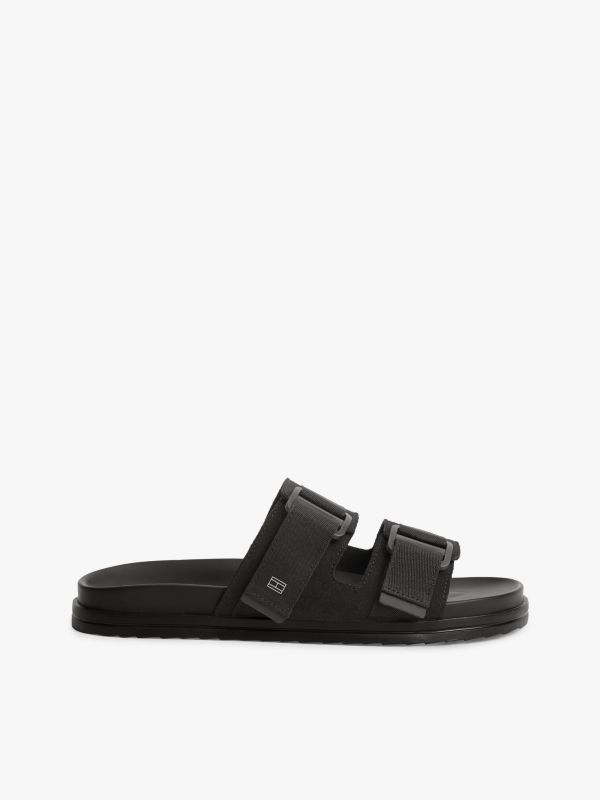 Webbing Strap Buckle Suede Sandals — Black