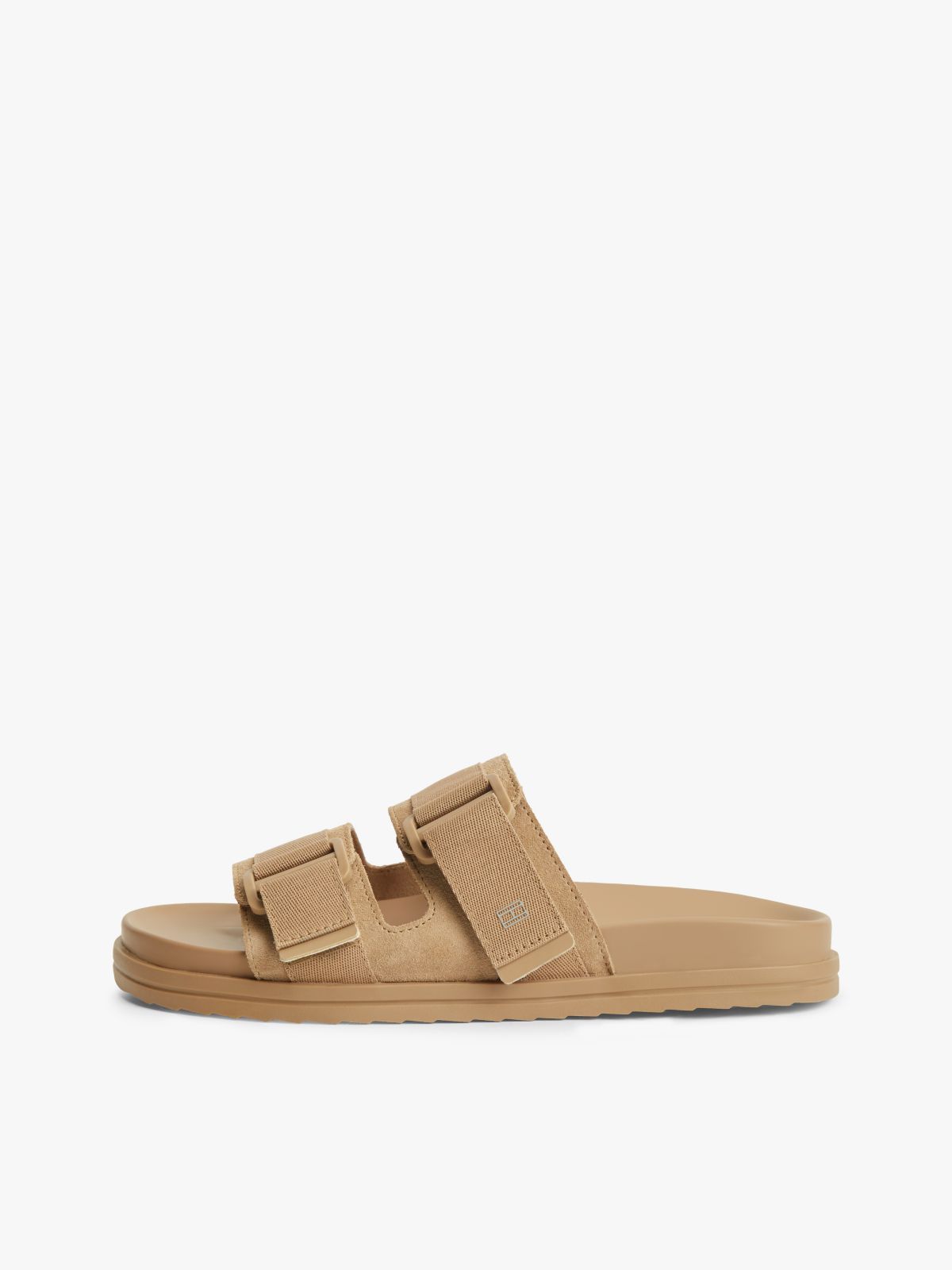 Webbing Strap Buckle Suede Sandals — Brown