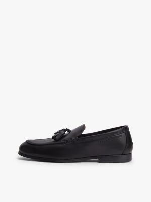 black logo tassel flexible leather loafers for men tommy hilfiger