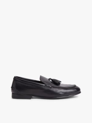 black logo tassel flexible leather loafers for men tommy hilfiger