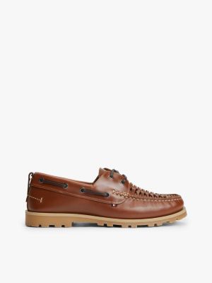 brown leather braided boat shoes for men tommy hilfiger
