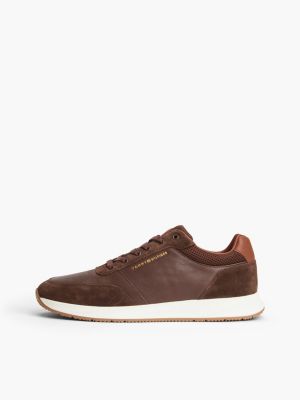 brown suede mixed texture trainers for men tommy hilfiger