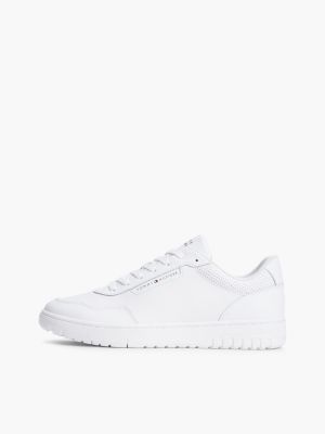 white mixed texture basketball trainers with leather for men tommy hilfiger