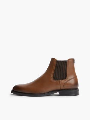 brown leather rubberised flag chelsea boots for men tommy hilfiger