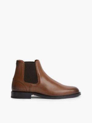 brown leather rubberised flag chelsea boots for men tommy hilfiger
