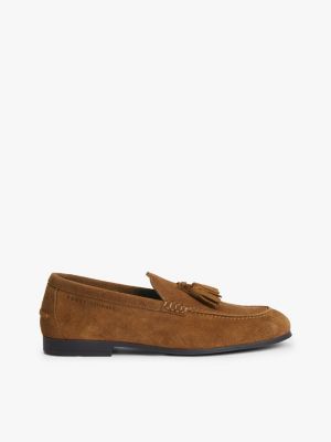 brown flexibler wildleder-loafer mit logo-quasten für herren - tommy hilfiger