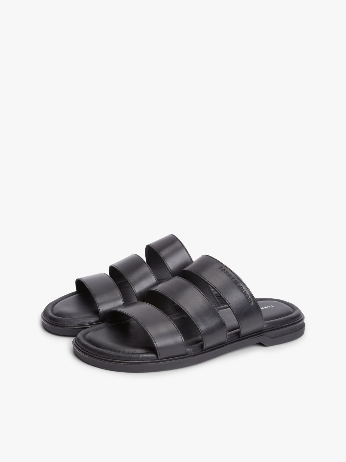 Debossed Logo Strap Leather Sandals — Black