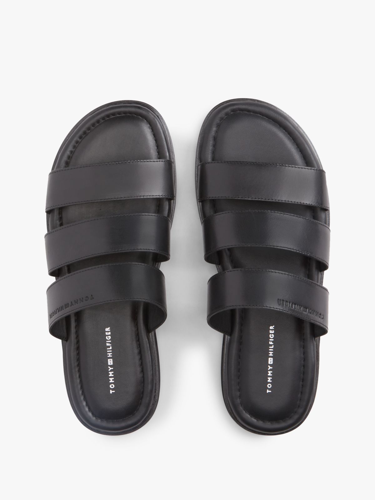 Debossed Logo Strap Leather Sandals — Black
