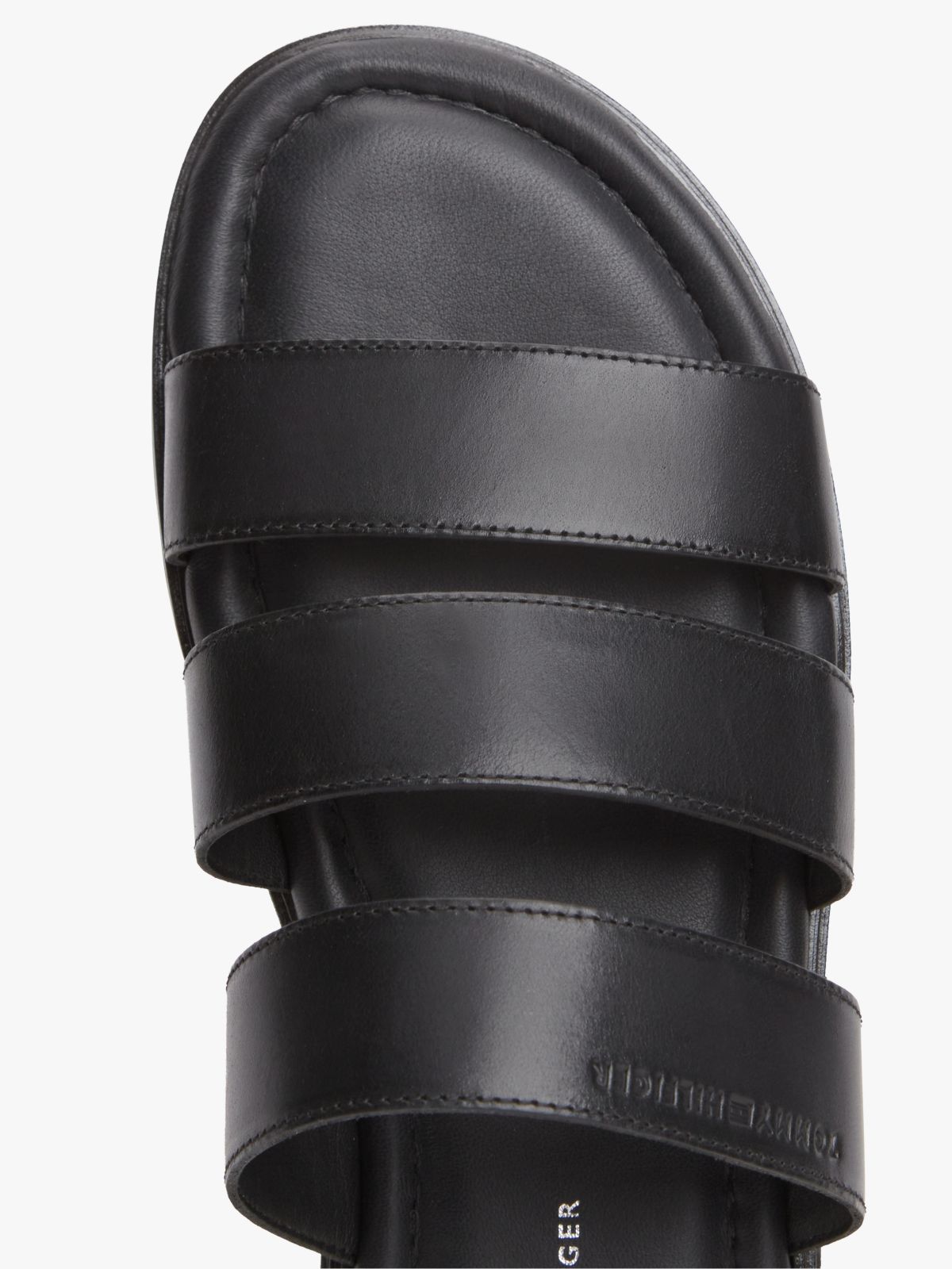 Debossed Logo Strap Leather Sandals — Black