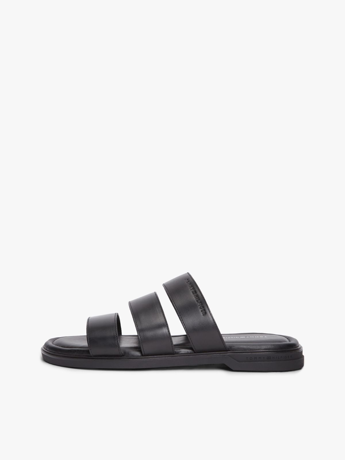 Debossed Logo Strap Leather Sandals — Black