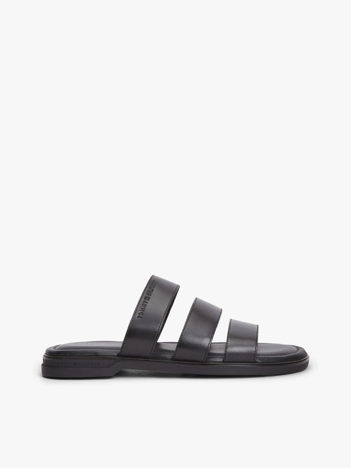 Debossed Logo Strap Leather Sandals — Black