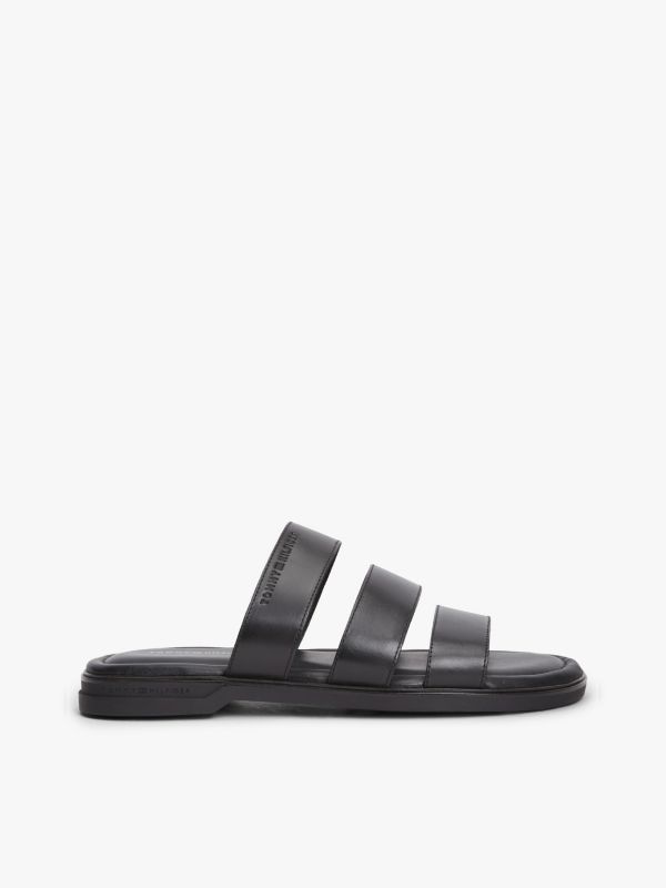 Debossed Logo Strap Leather Sandals — Black