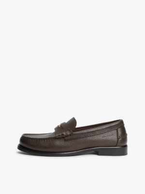 brown pebble grain leather penny loafers for men tommy hilfiger