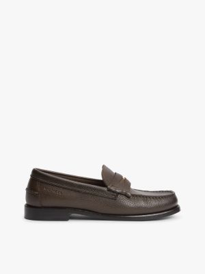 brown pebble grain leather penny loafers for men tommy hilfiger