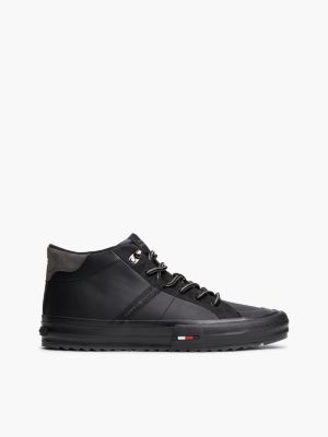 black leather serrated mid-top trainers for men tommy hilfiger