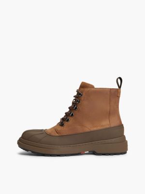brown outdoor waterproof leather lace-up boots for men tommy hilfiger