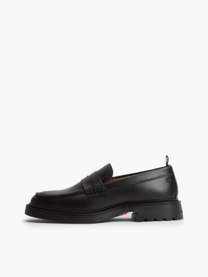 black leather textured penny loafers for men tommy hilfiger