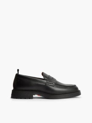 black leather textured penny loafers for men tommy hilfiger
