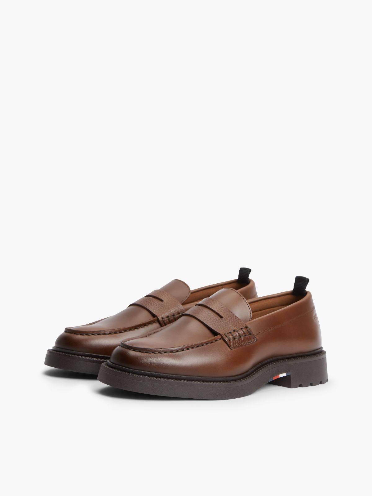 Leather Textured Penny Loafers — Brown