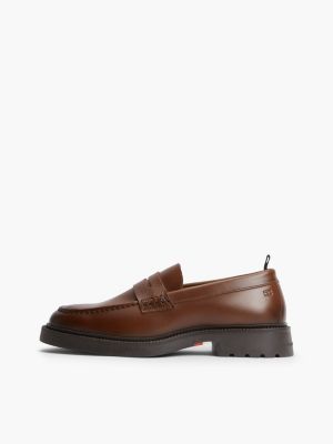 brown leather textured penny loafers for men tommy hilfiger
