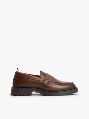 brown leather textured penny loafers for men tommy hilfiger
