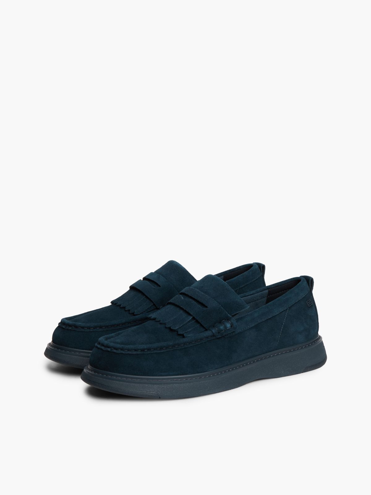 Suede Fringe Penny Loafers — Blue