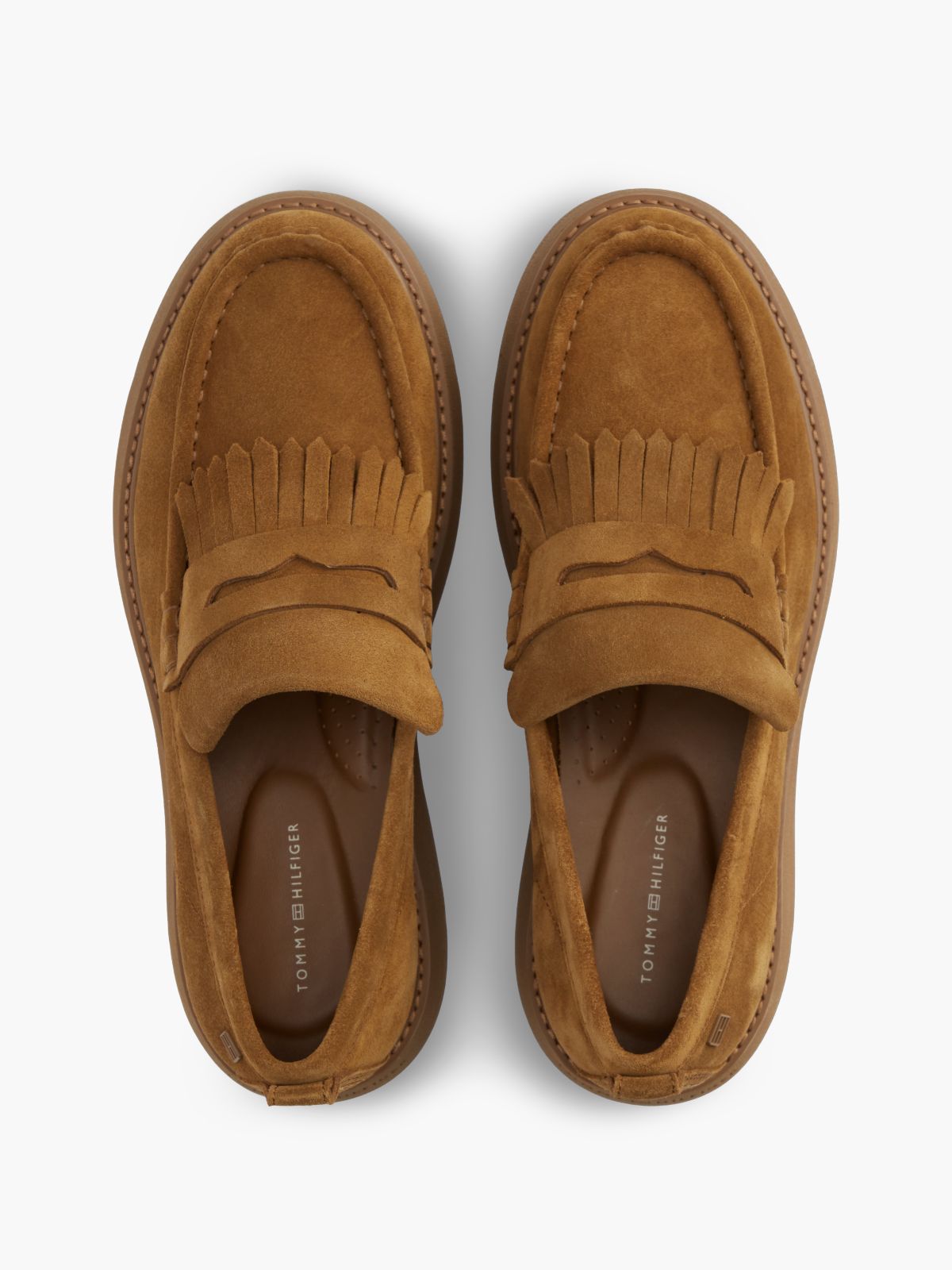 Suede Fringe Penny Loafers — Brown