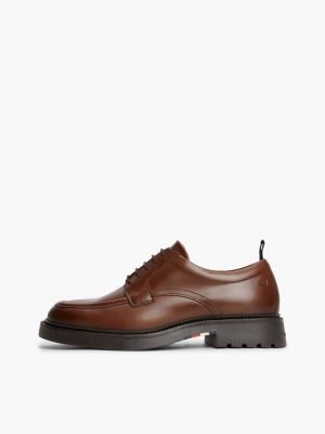 brown leather debossed flag derby shoes for men tommy hilfiger