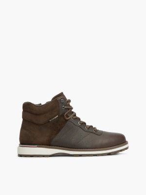 scarponcini outdoor in pelle con mix di texture brown da uomini tommy hilfiger