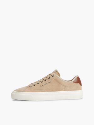 beige new york label suede contrast heel trainers for men tommy hilfiger