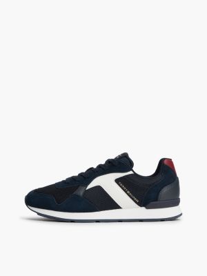 blue logo mixed texture trainers for men tommy hilfiger
