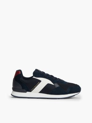 blue logo mixed texture trainers for men tommy hilfiger