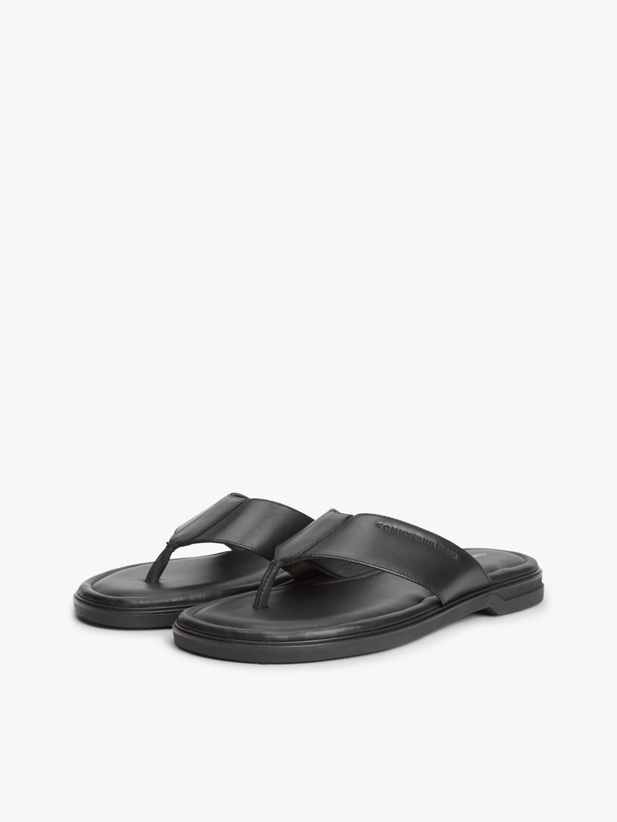 Debossed Logo Leather Toe Post Sandals — Black